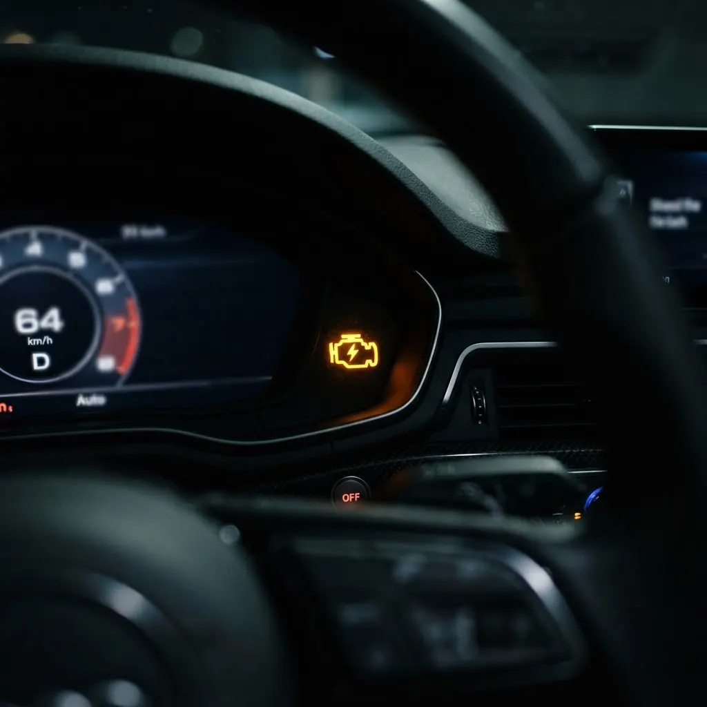 KI-generiertes Bild: Aufleuchtende Warnlampe im Auto-Cockpit
